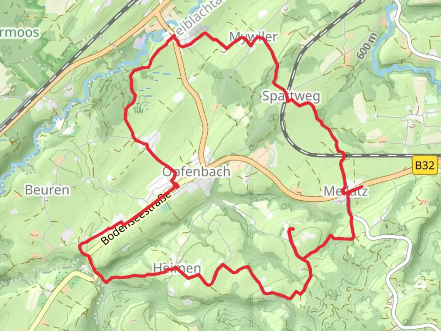 An image depicting the trail Heimen and Myweiler Loop and its surrounding area.