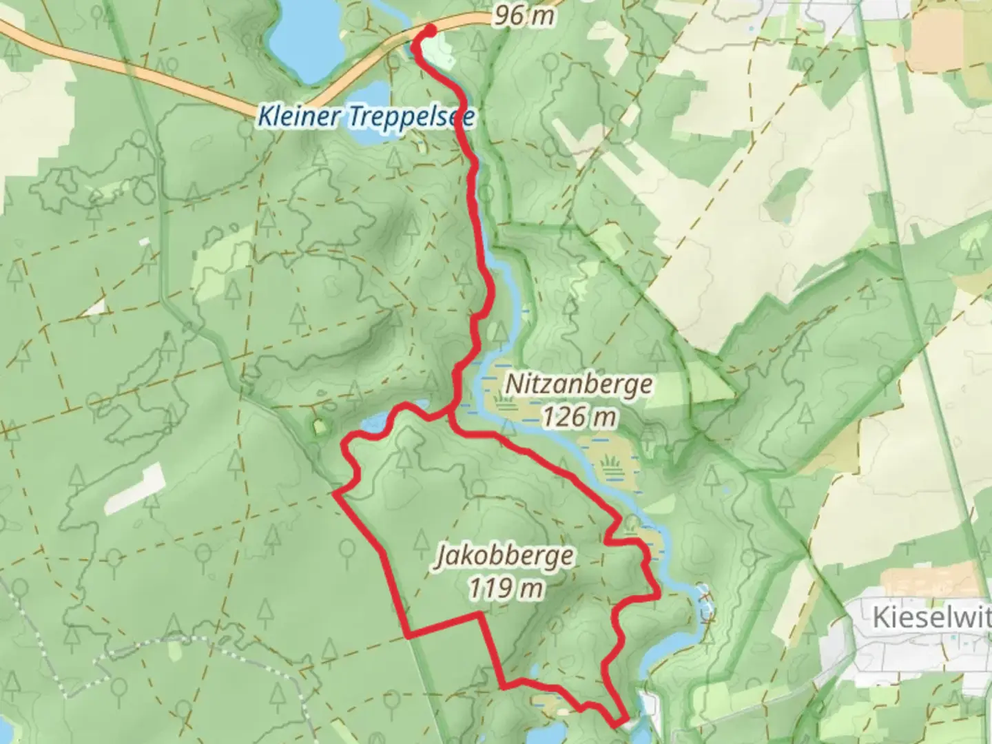 An image depicting the trail Großer Jakobsee via Schlaubetal Wanderweg and its surrounding area.