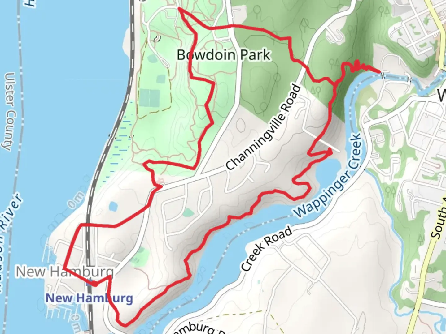An image depicting the trail Wappinger Creek and Bowdoin Park Loop from New Hamburg and its surrounding area.
