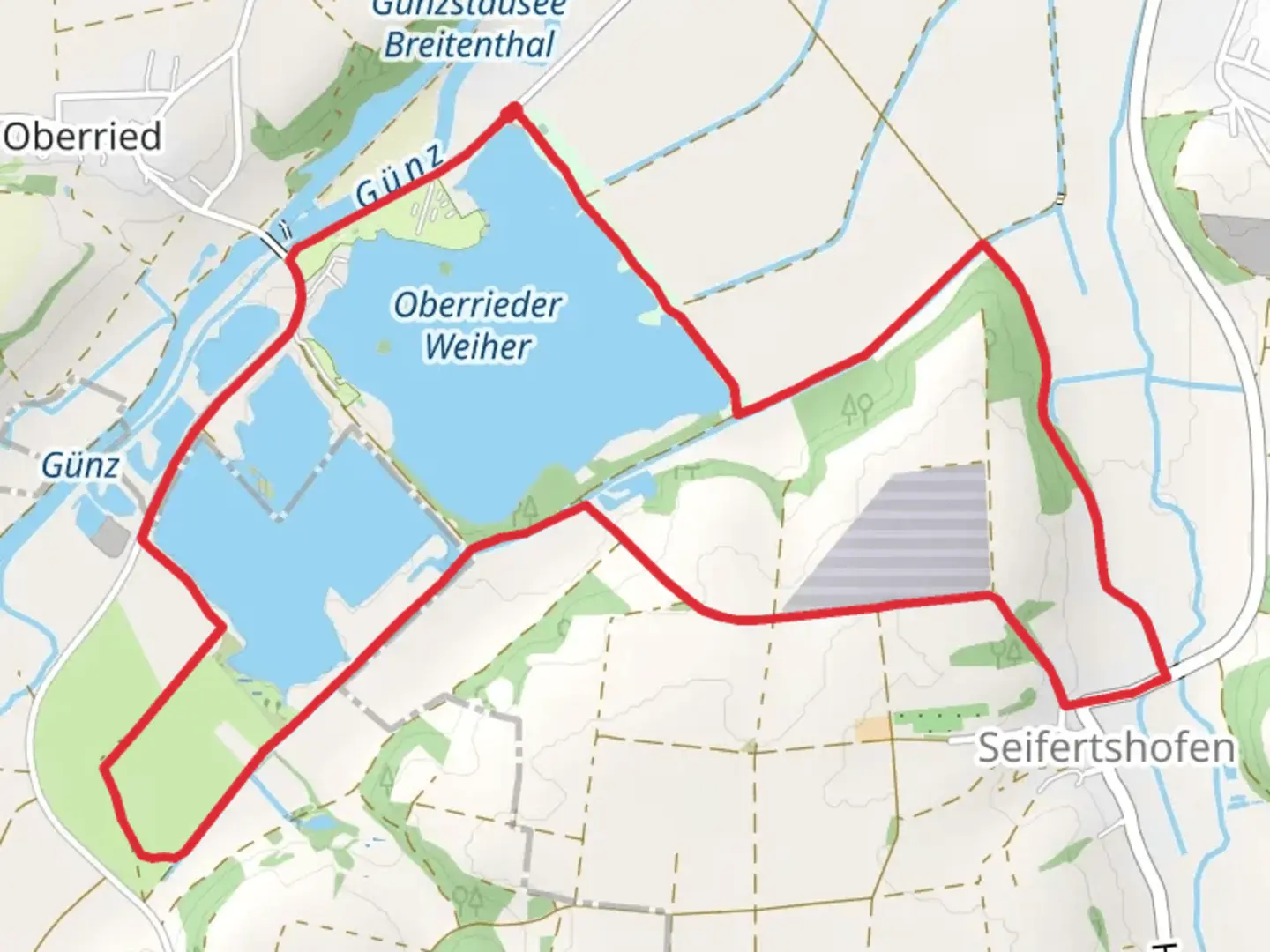 An image depicting the trail Oberrieder Weiher and Günzberg Loop and its surrounding area.