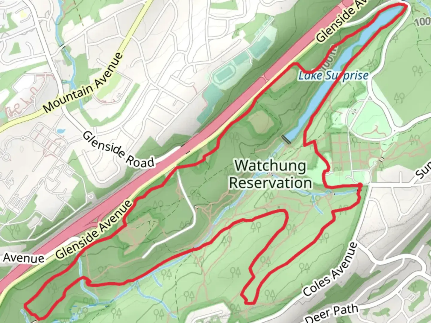 An image depicting the trail Lake Surprise - Purple Loop Trail and its surrounding area.
