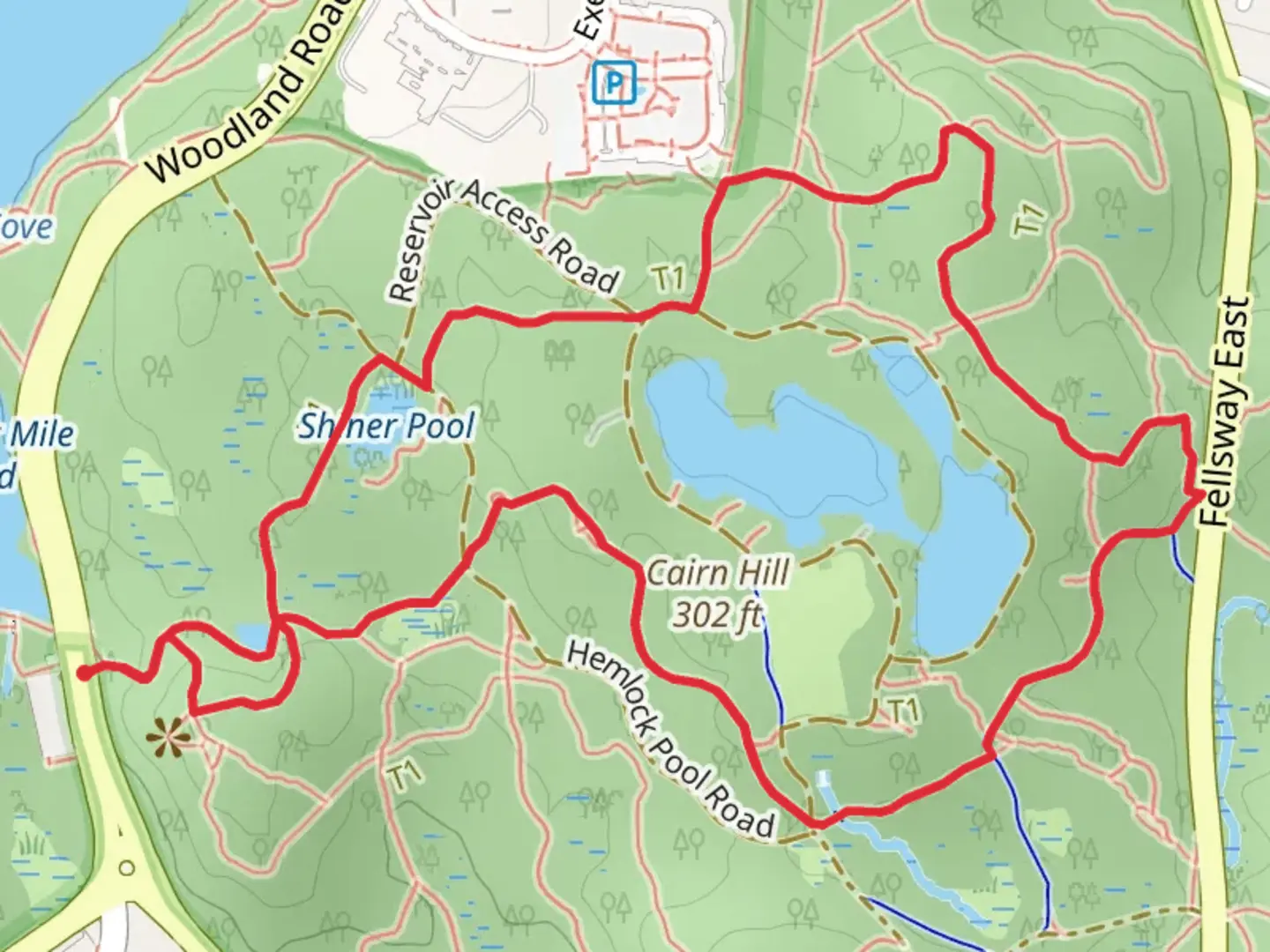 An image depicting the trail Middlesex Fells Reservoir via Rock Circuit Trail Loop and its surrounding area.