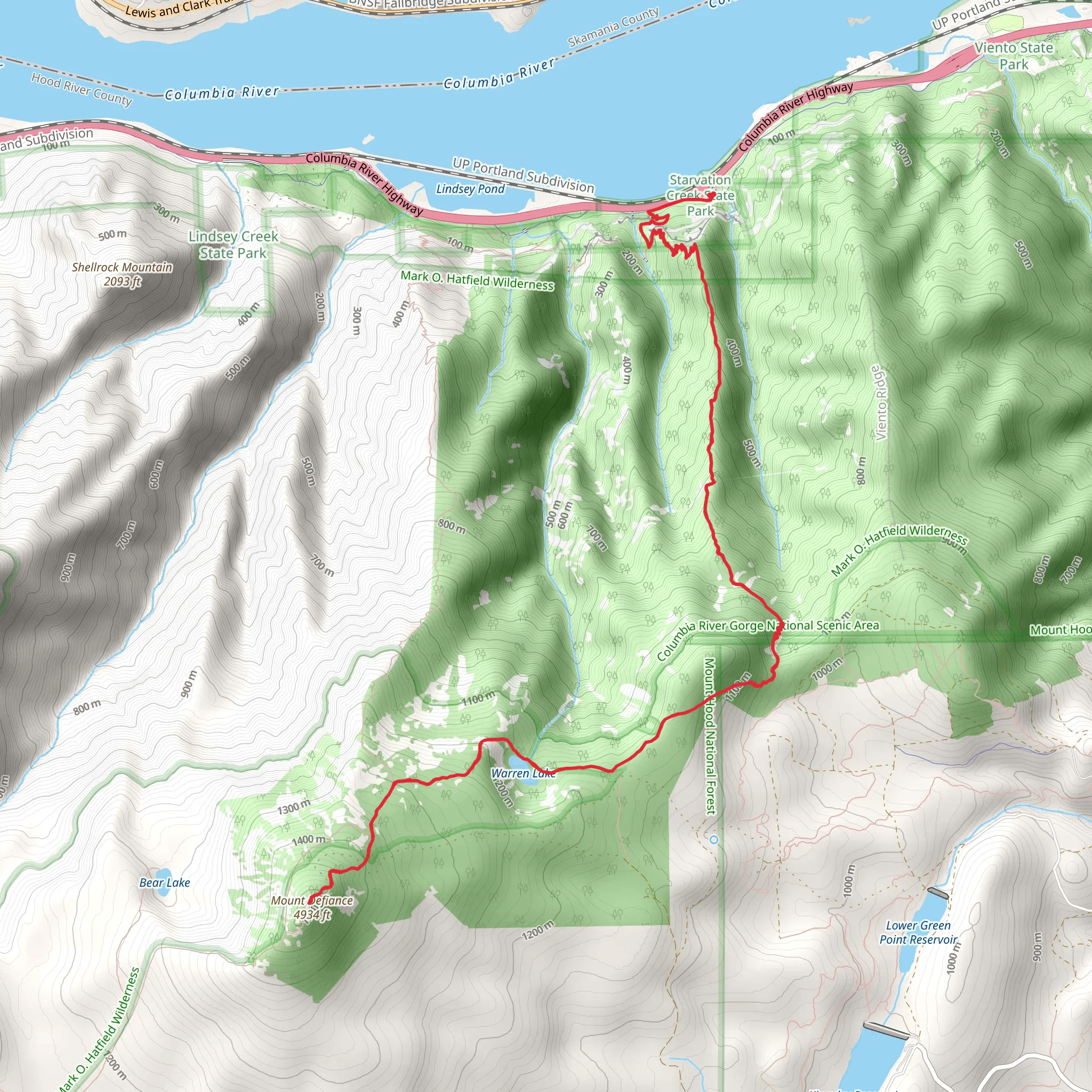 Mount Defiance and Warren Lake via Historic Columbia River Highway State Trail mobile static map