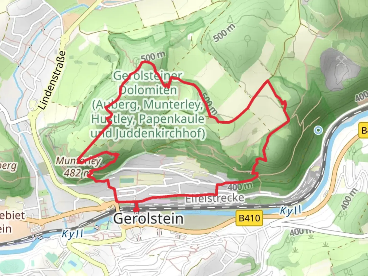An image depicting the trail Munterley via Eifelsteig and its surrounding area.