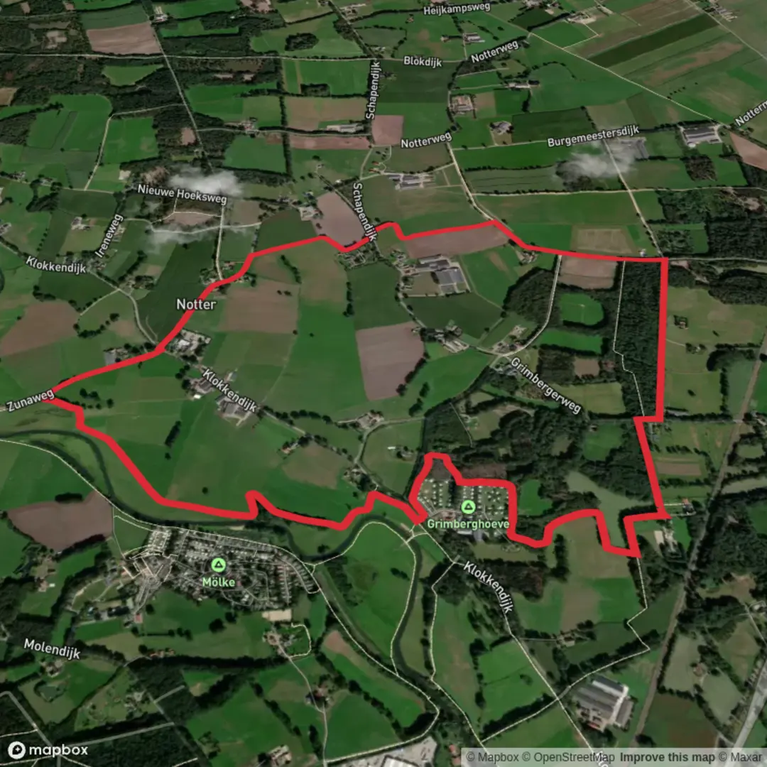 An image depicting the trail Theehuys Grimberg and Noker via Overijssels Havezatenpad and its surrounding area.