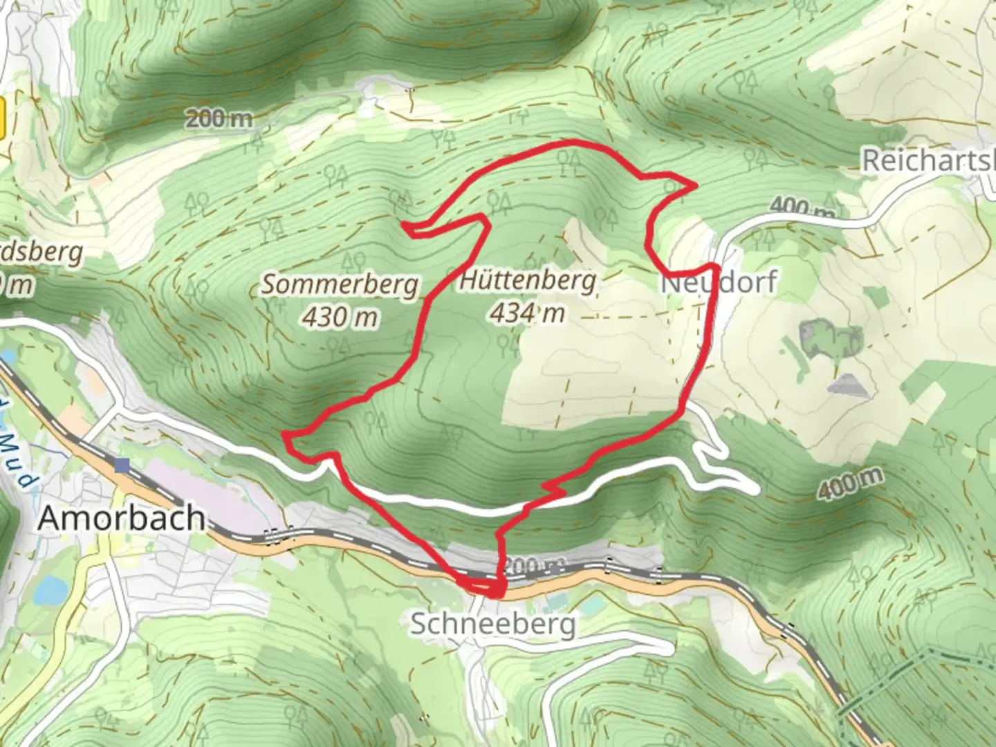 An image depicting the trail Rundwandrweg Amorbach and Schneeberg and its surrounding area.