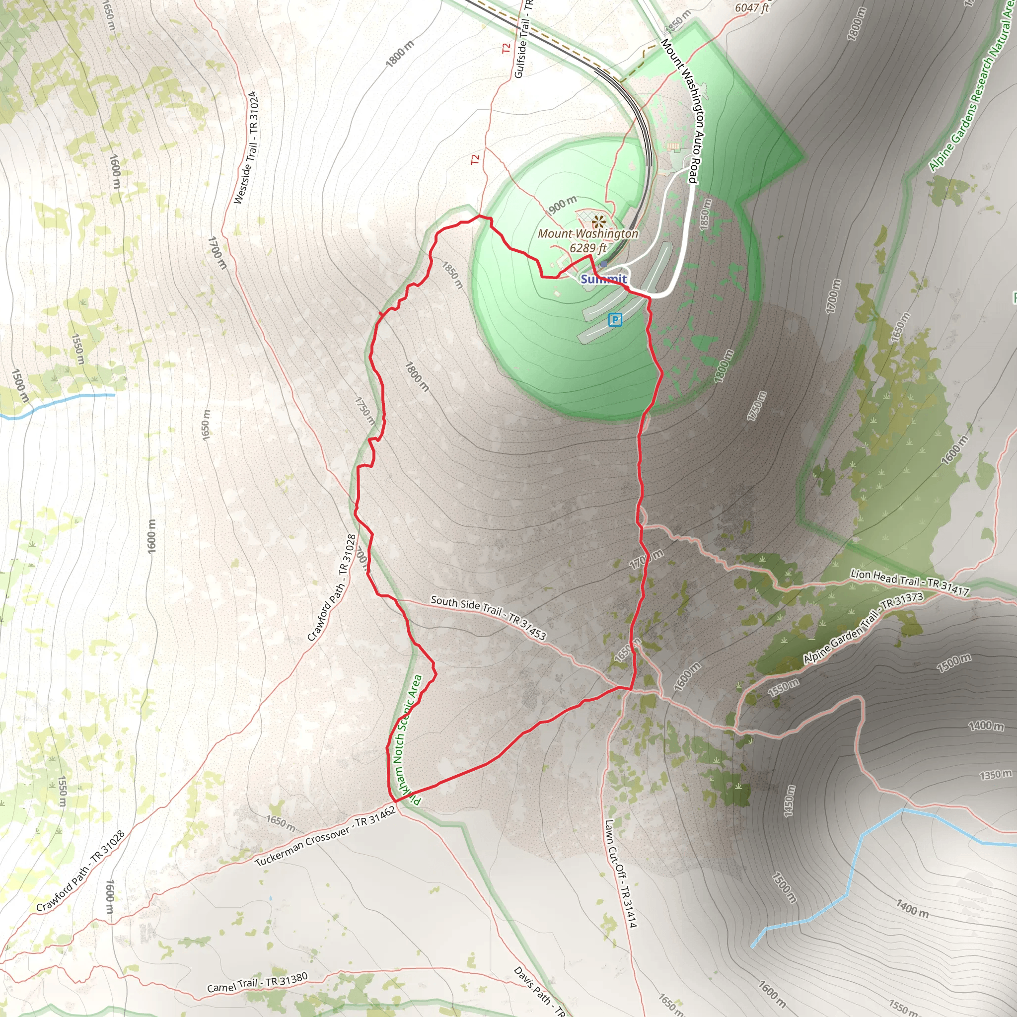 Tuckerman Ravine Trail and Crawford Path Loop from Mount Washington mobile static map