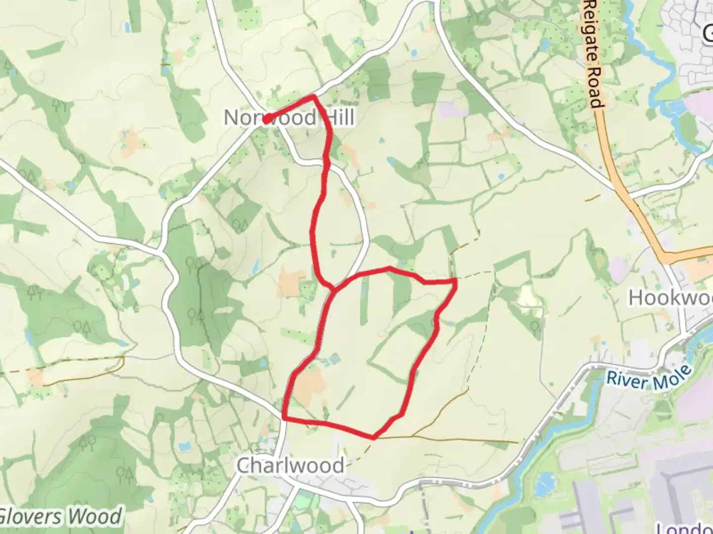 An image depicting the trail Norwood Hill and Telvet Copse Loop and its surrounding area.