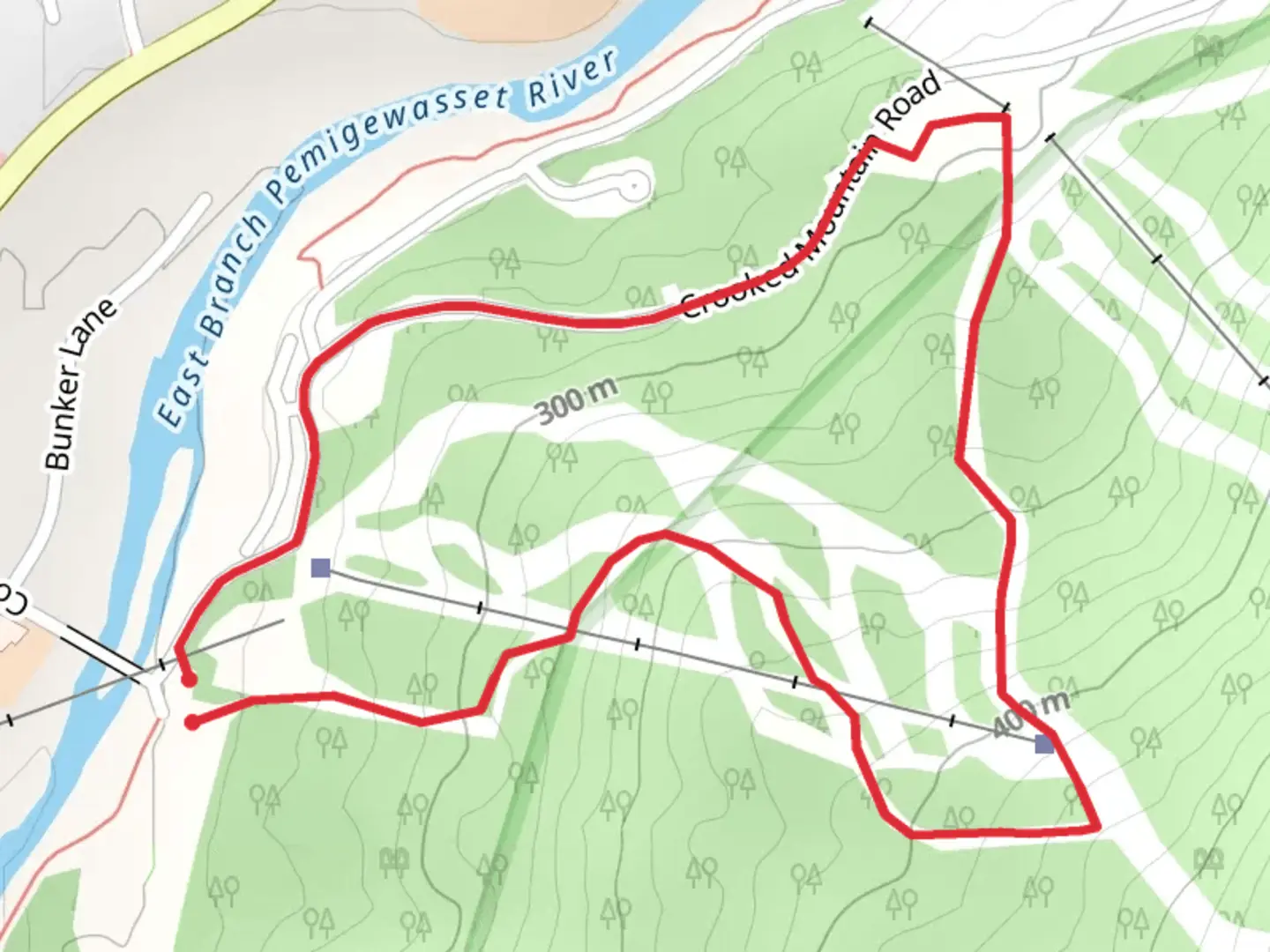 An image depicting the trail Pemigewasset River Loop from Crooked Mountain Road and its surrounding area.