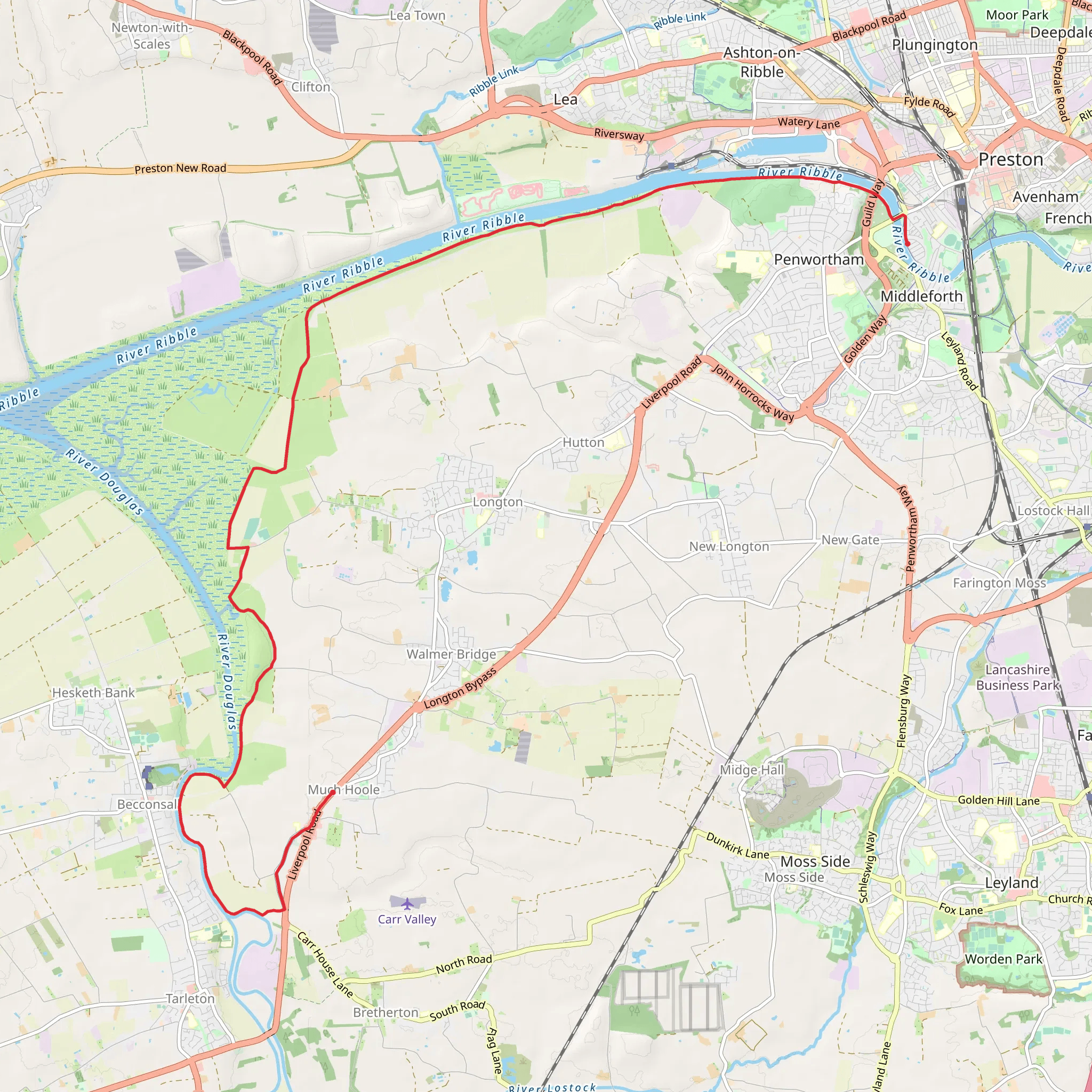 Penwortham to Much Hoole Walk mobile static map