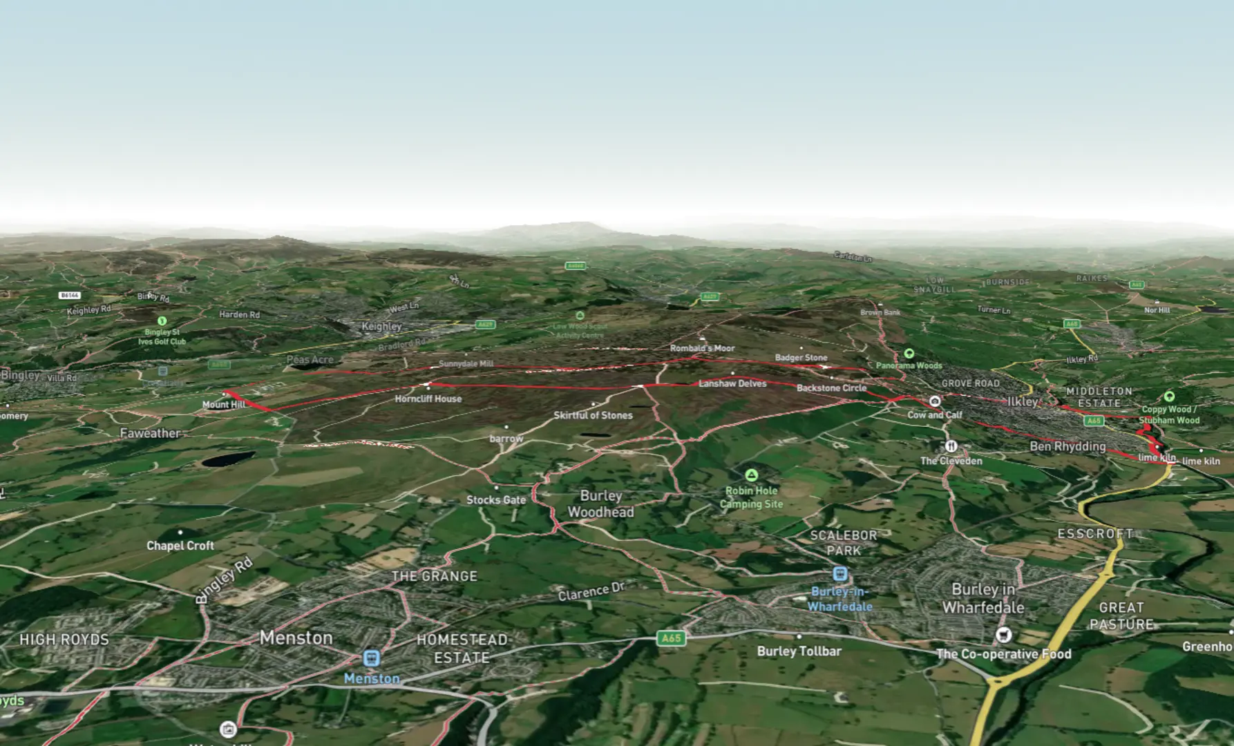 An image depicting the trail Faweather, Ilkley and Ben Rhydding Loop and its surrounding area.