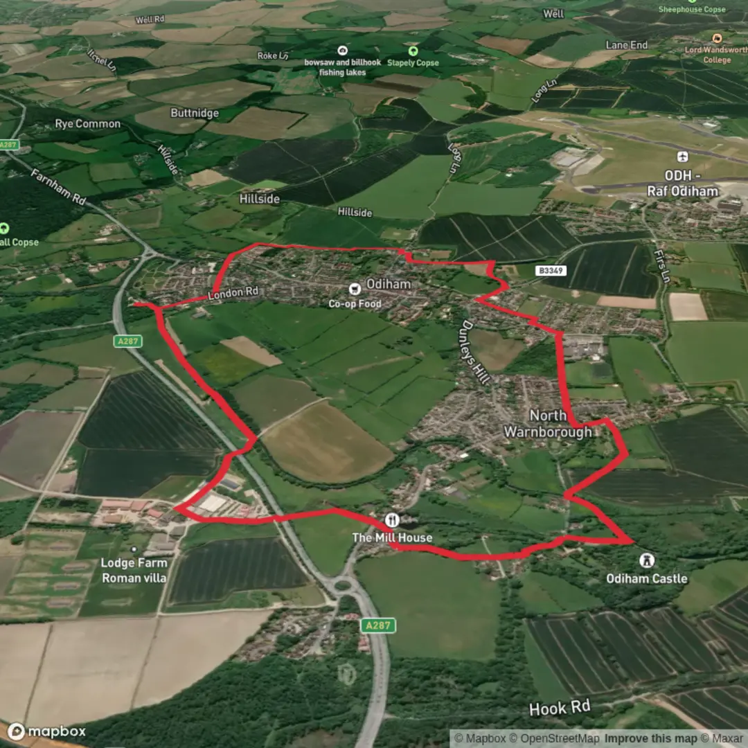 An image depicting the trail Odiham and North Warnborough and its surrounding area.