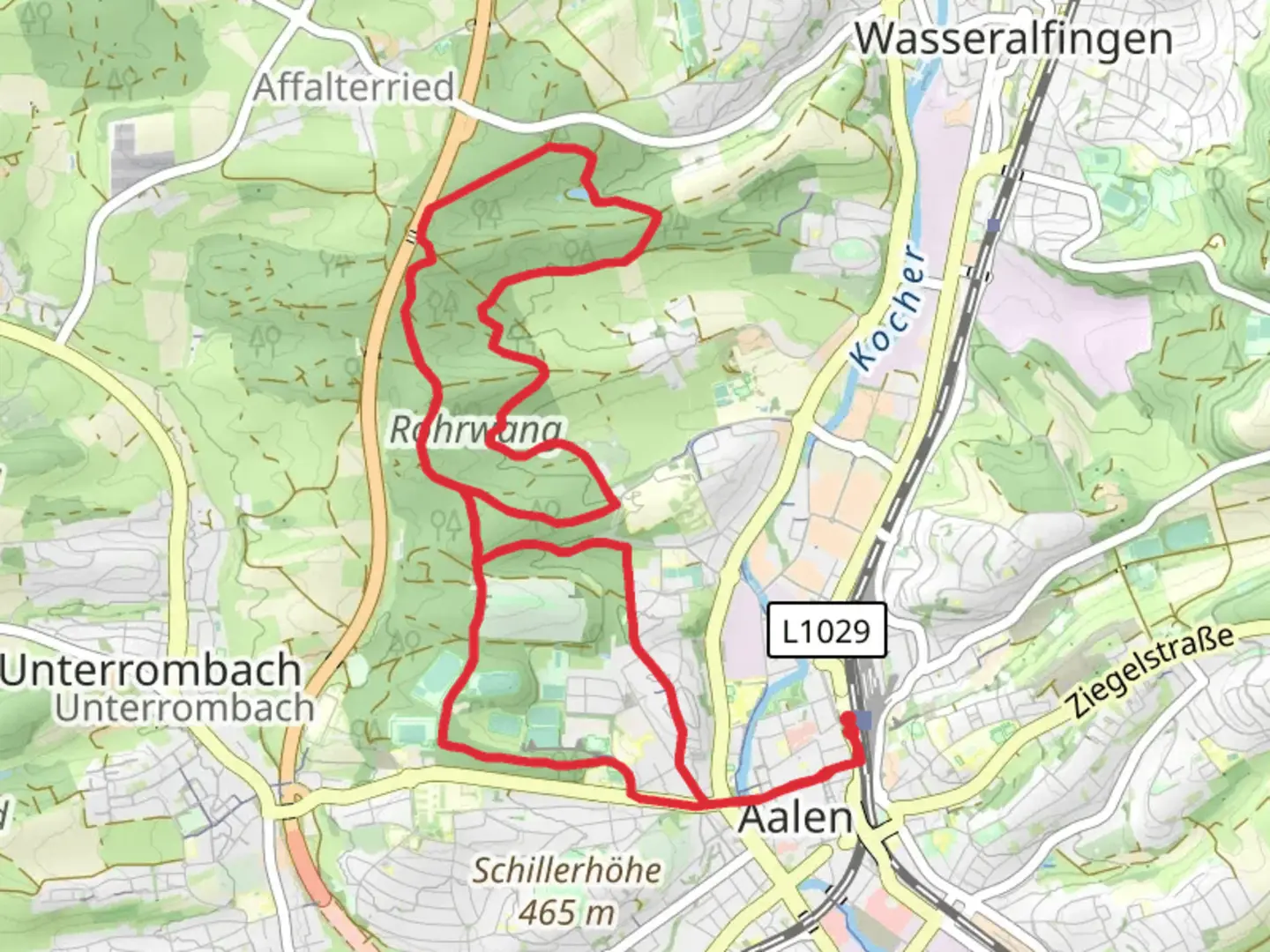 An image depicting the trail Waldsee via Stadpark Rohrwang and Aalen Bahnhof - Huettlingen and its surrounding area.