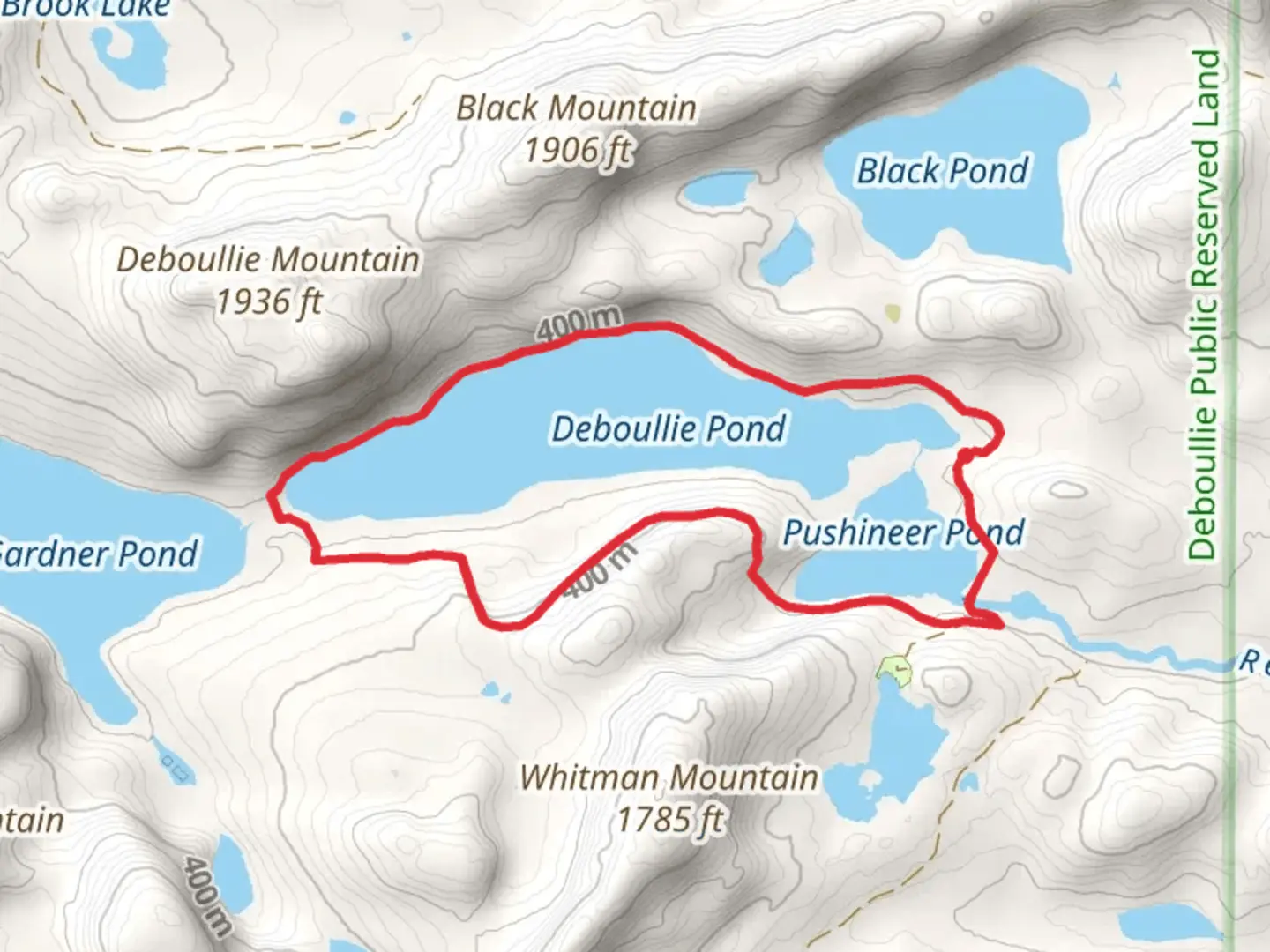 An image depicting the trail Deboullie and Pushineer Pond Loop and its surrounding area.