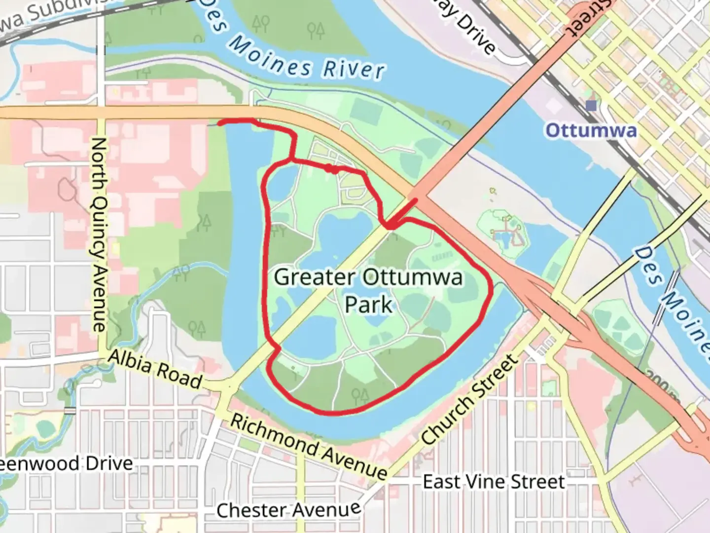 An image depicting the trail Great Ottumwa Park Loop and its surrounding area.