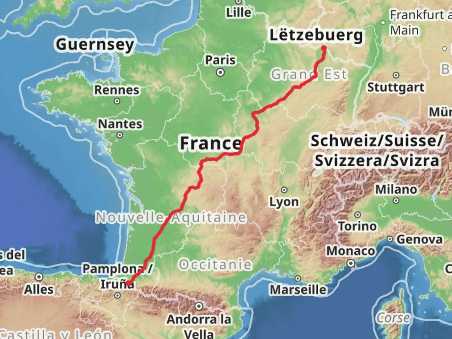 An image depicting the trail Camino Perl-Saint Jean Pied de Port via Vézelay and its surrounding area.
