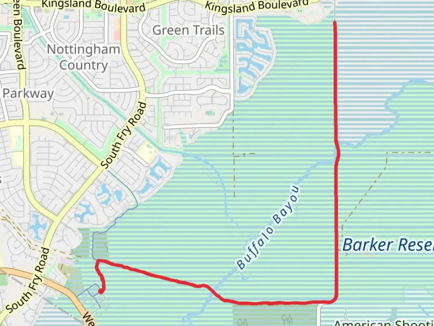 An image depicting the trail Barker Reservoir from Fun Fair Positive Soccer Park and its surrounding area.