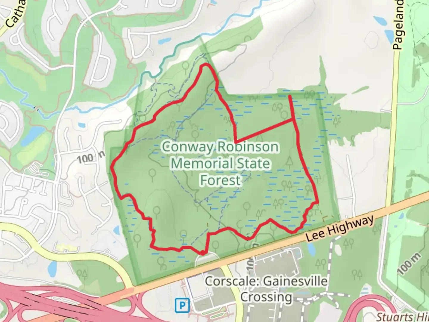 An image depicting the trail Blue Loop Trail - Conway Robinson Memorial State Forest and its surrounding area.