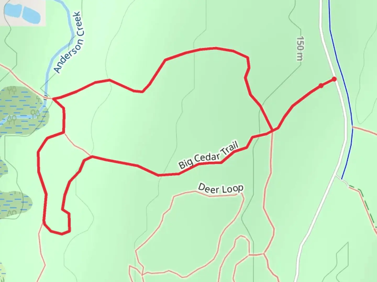 An image depicting the trail Big Cedar Trail and Beaver Loop and its surrounding area.