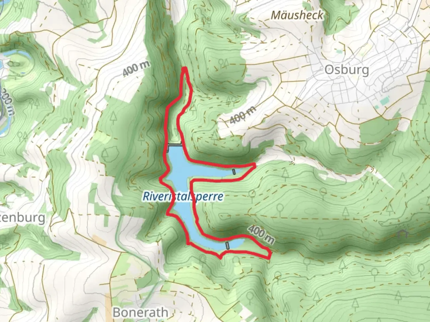 An image depicting the trail Riveristalsperre Loop and its surrounding area.