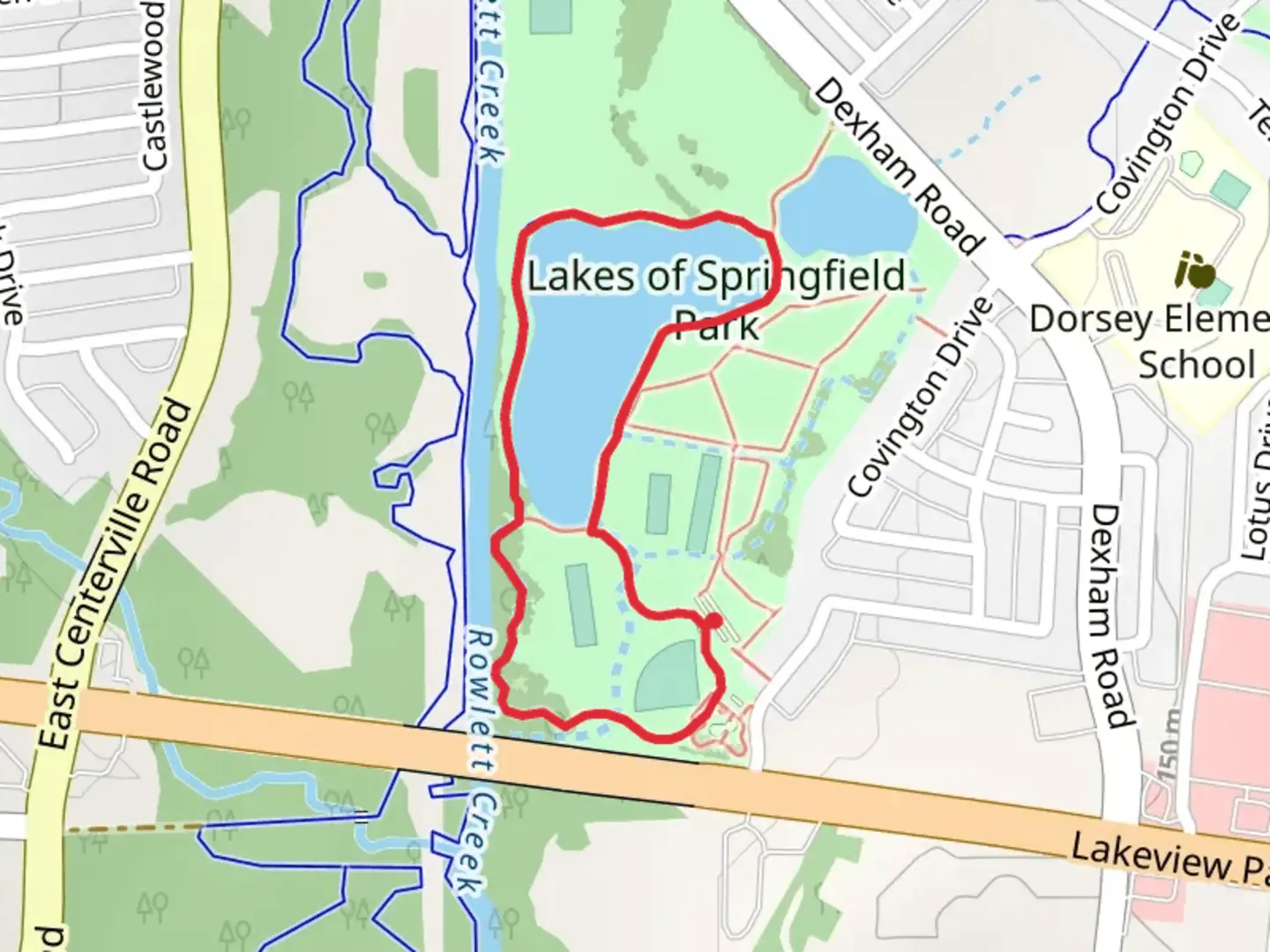 An image depicting the trail Lakes of Springfield Park Lake Loop and its surrounding area.