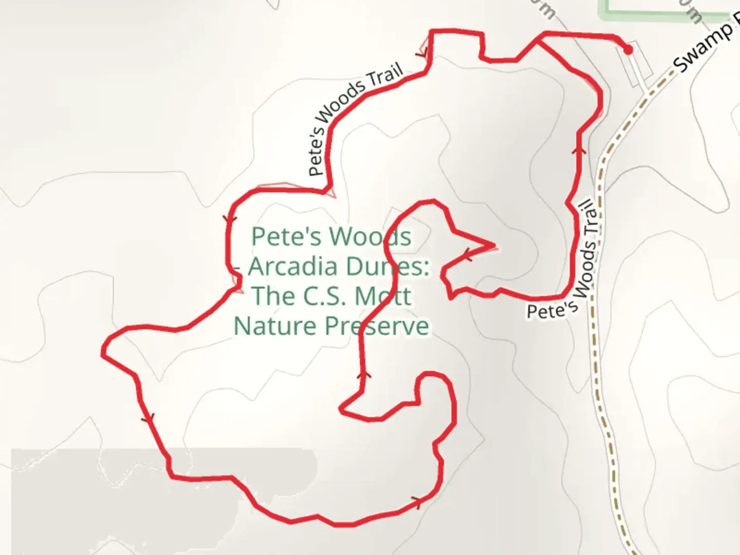 An image depicting the trail Pete's Woods Loop Trail and its surrounding area.