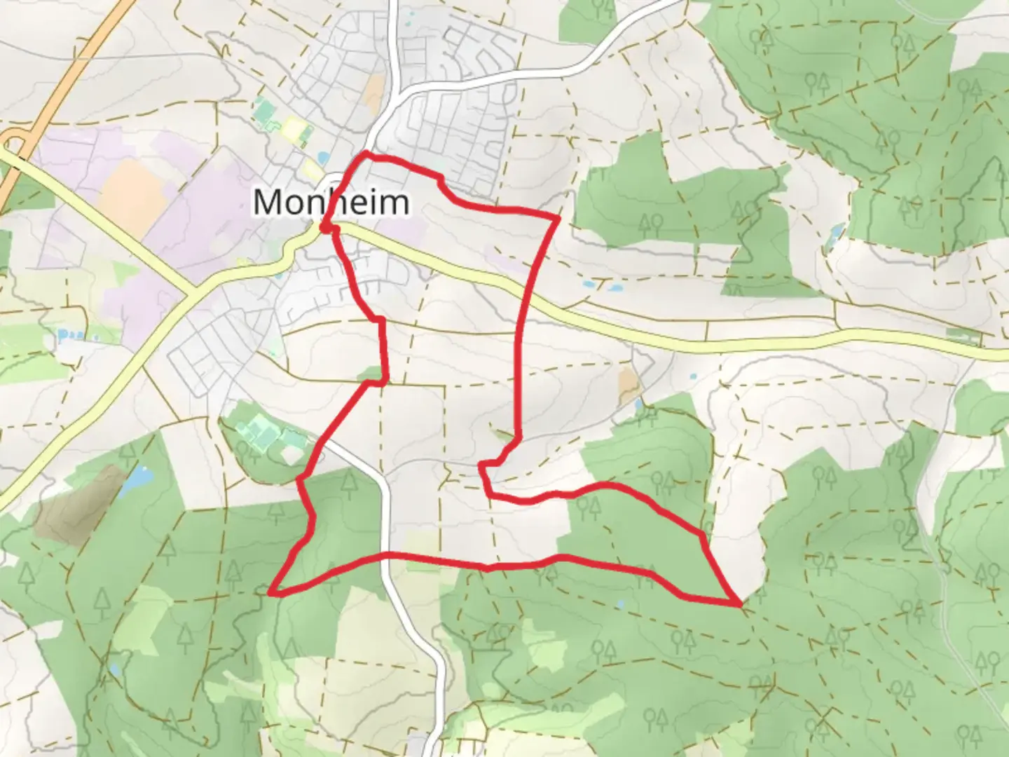 An image depicting the trail Rundwanderweg Monheim 6 and its surrounding area.
