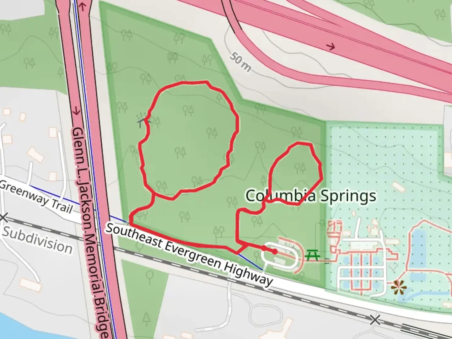 An image depicting the trail Cedar Circle trail and Trillium Trail and its surrounding area.