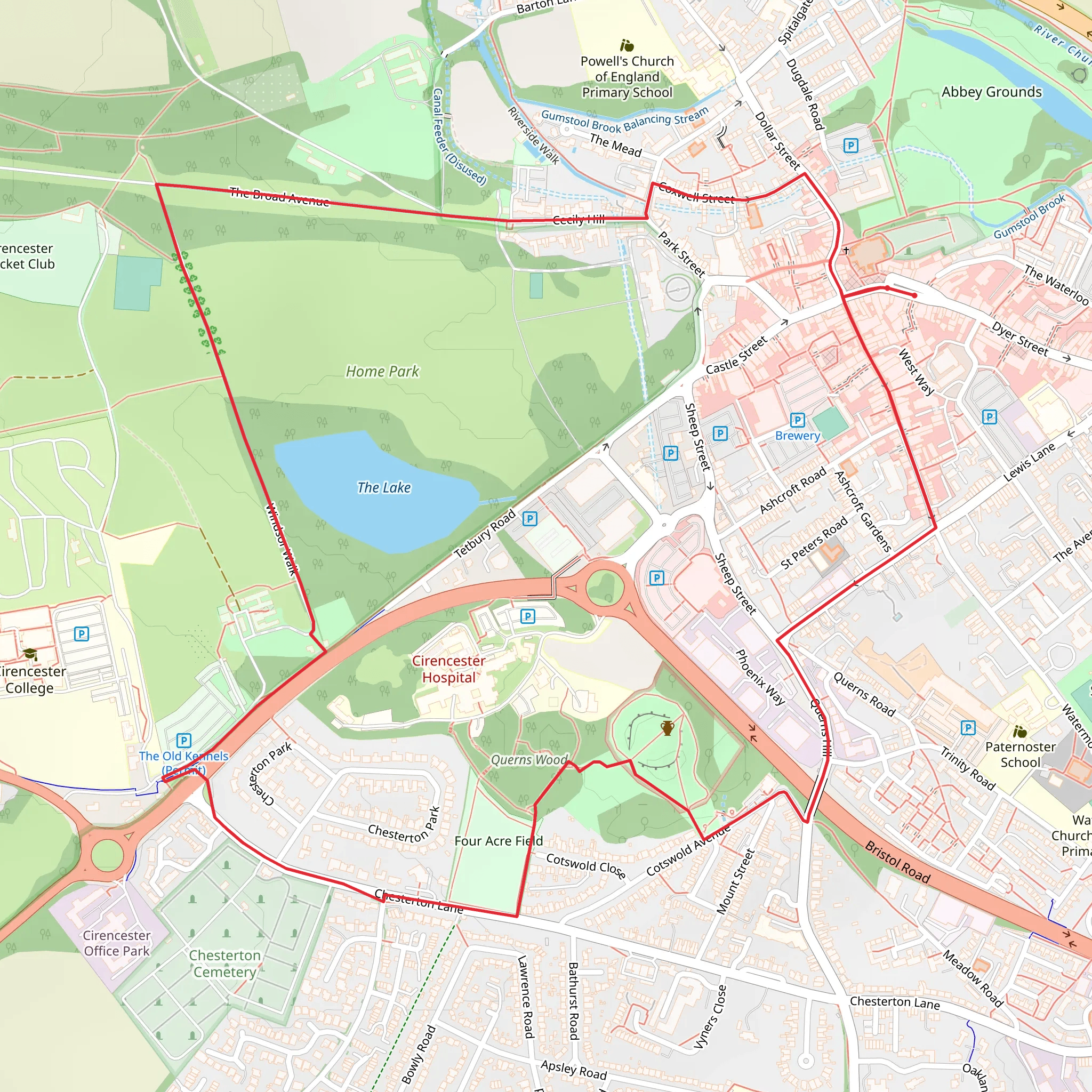 Amphitheatre and Cirencester Park Loop via The Lake mobile static map