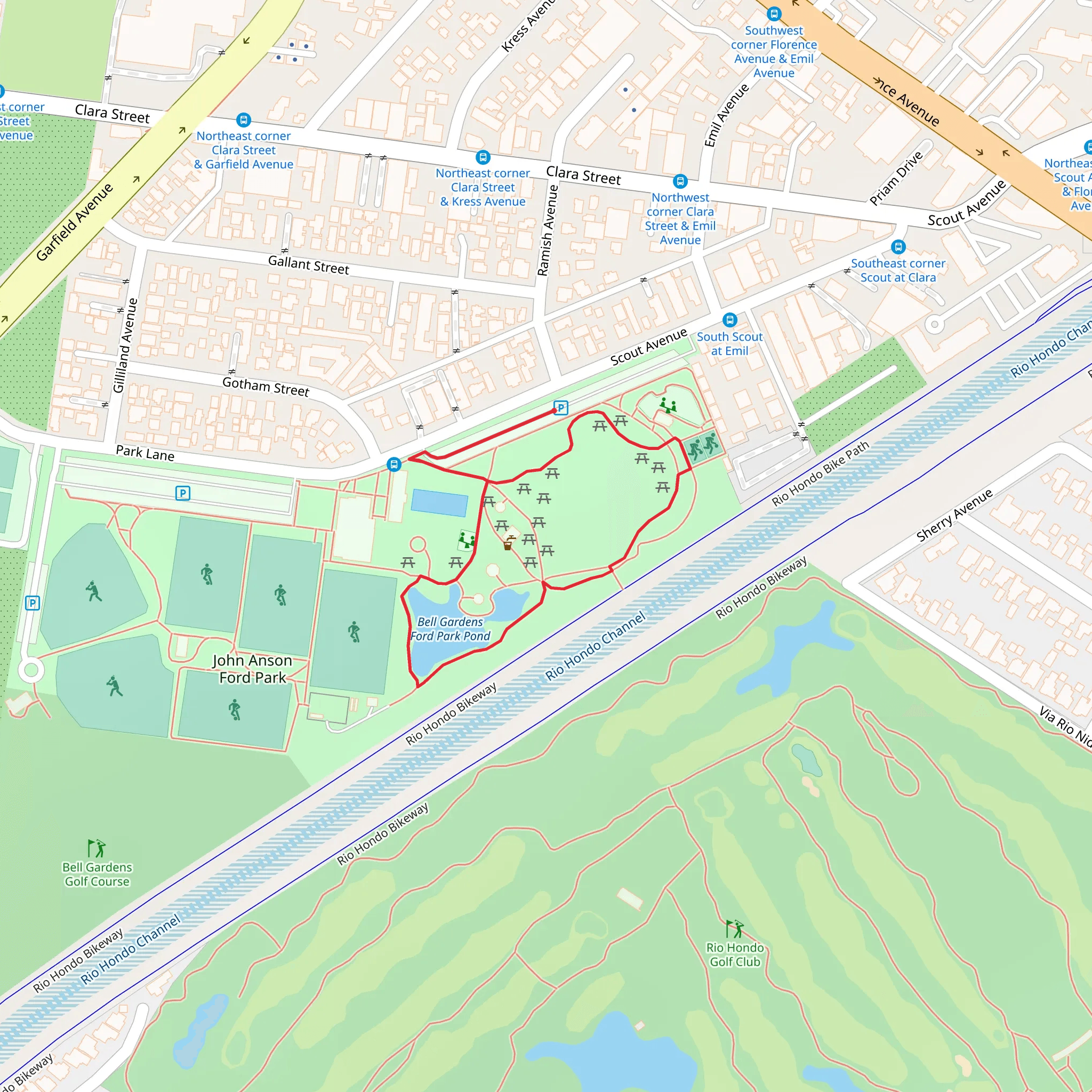 Bell Gardens Ford Park Pond Loop mobile static map