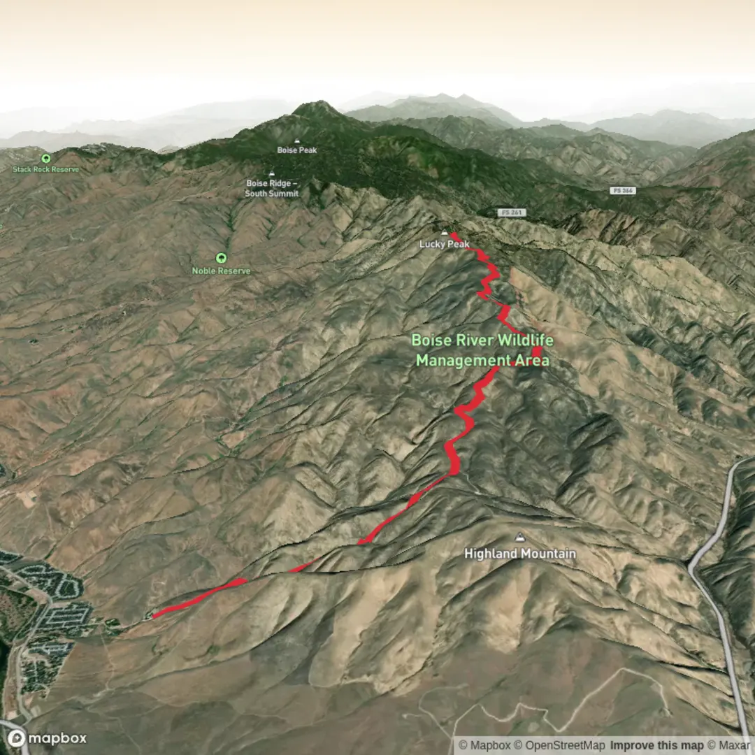 An image depicting the trail West Highland Valley Trail to Lucky Peak summit and its surrounding area.