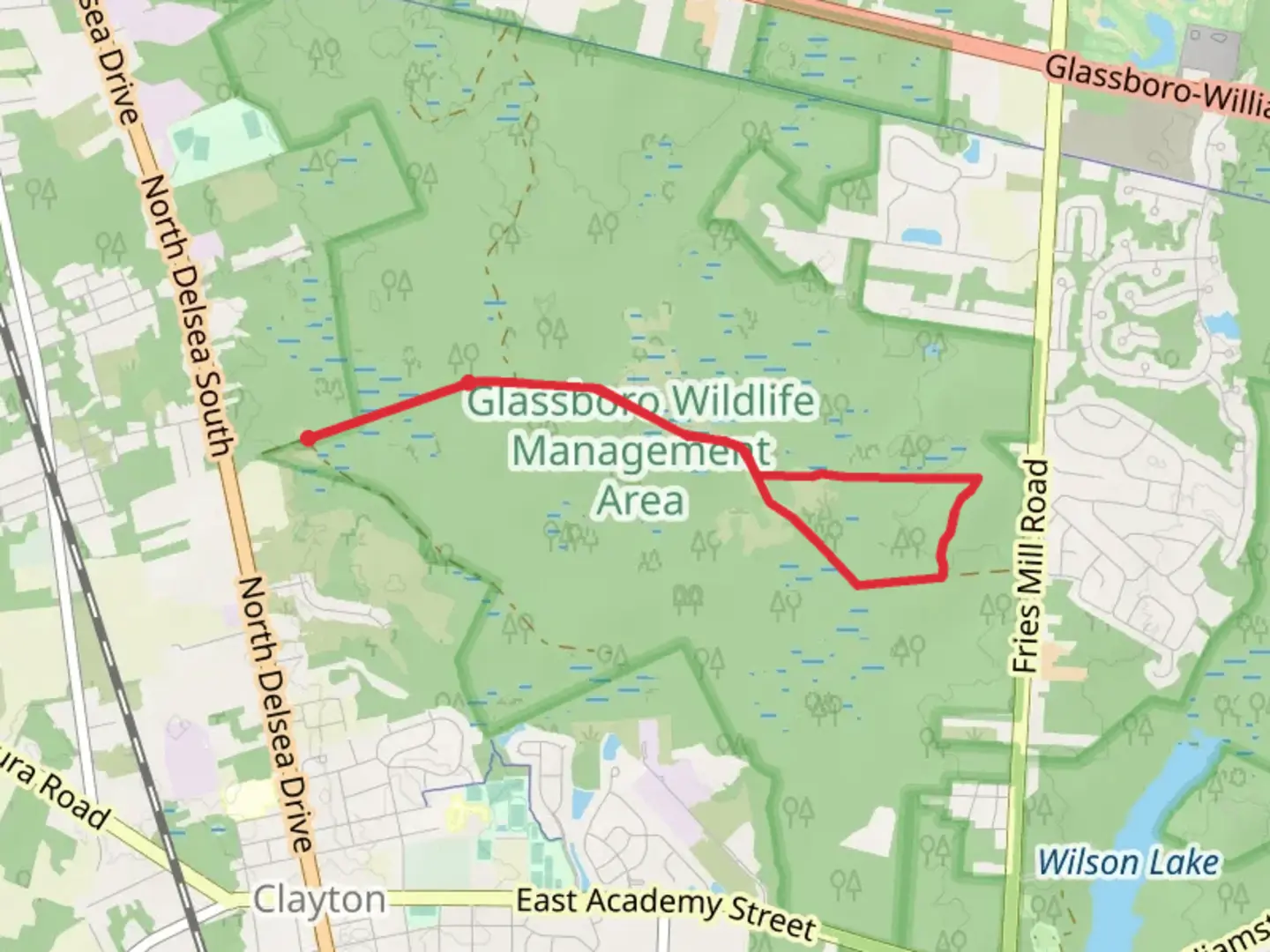 An image depicting the trail Glassboto Wildlife and Management Area Loop and its surrounding area.
