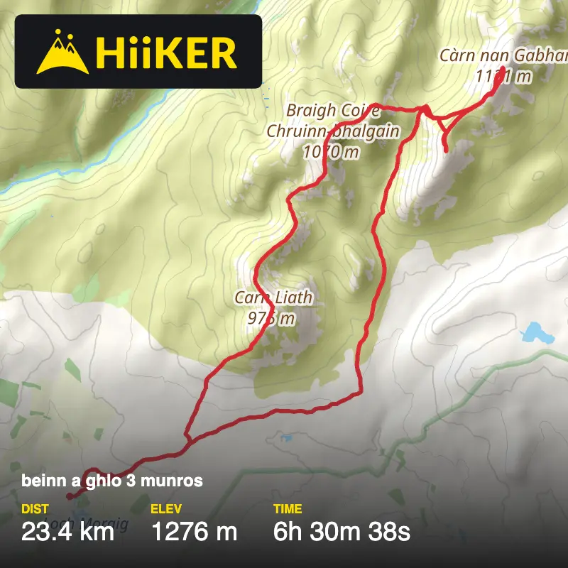 A map preview of the recording beinn a ghlo 3 munros.