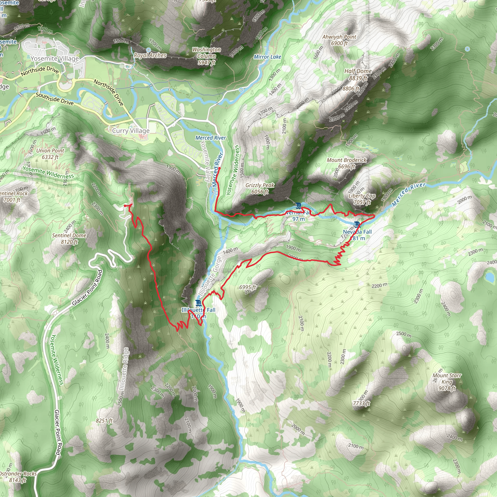 Glacier Point Road to Happy Isles Road via Panorama Trail mobile static map