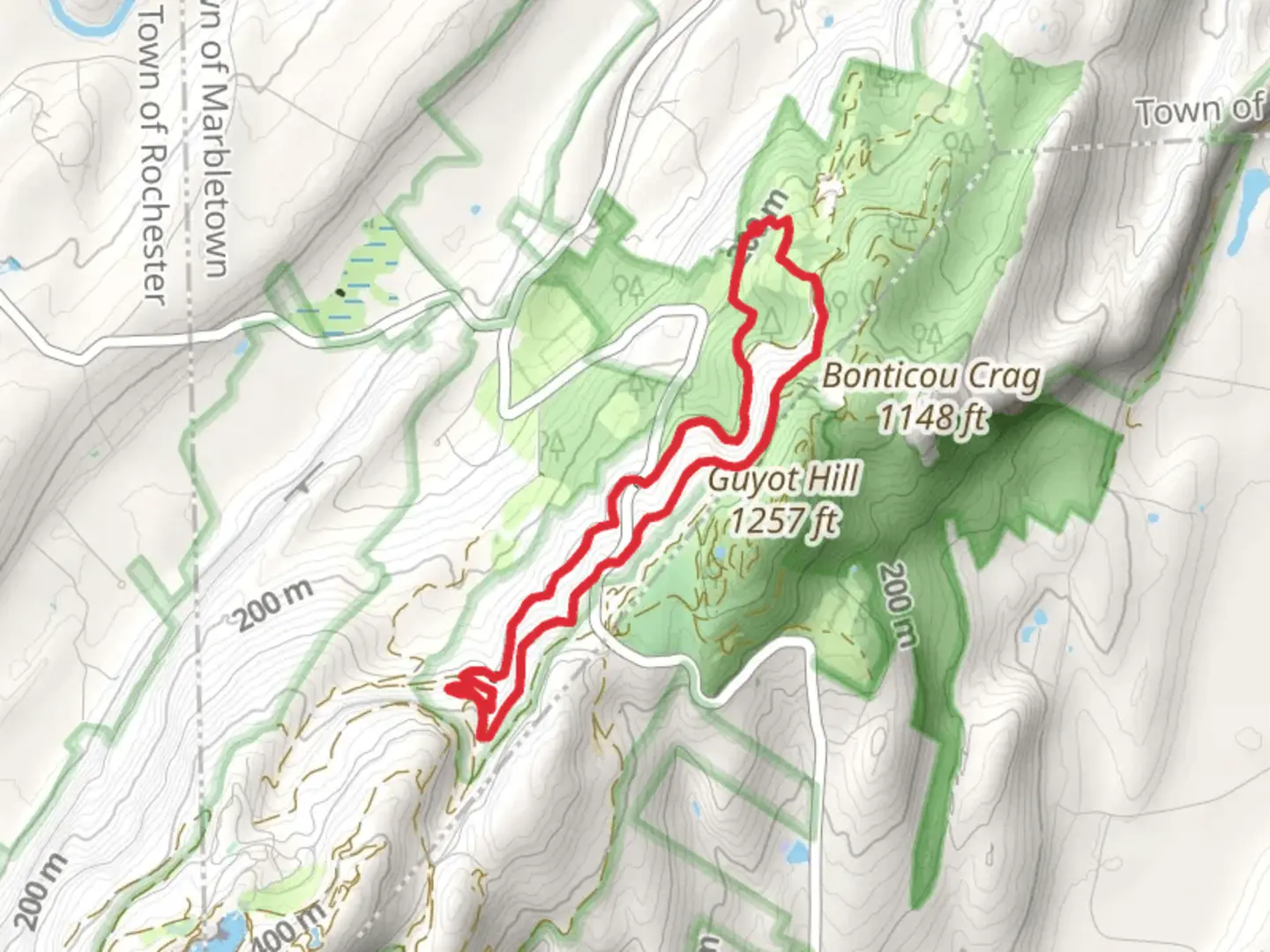 An image depicting the trail Cedar Drive and Bonticou Path Loop Trail and its surrounding area.
