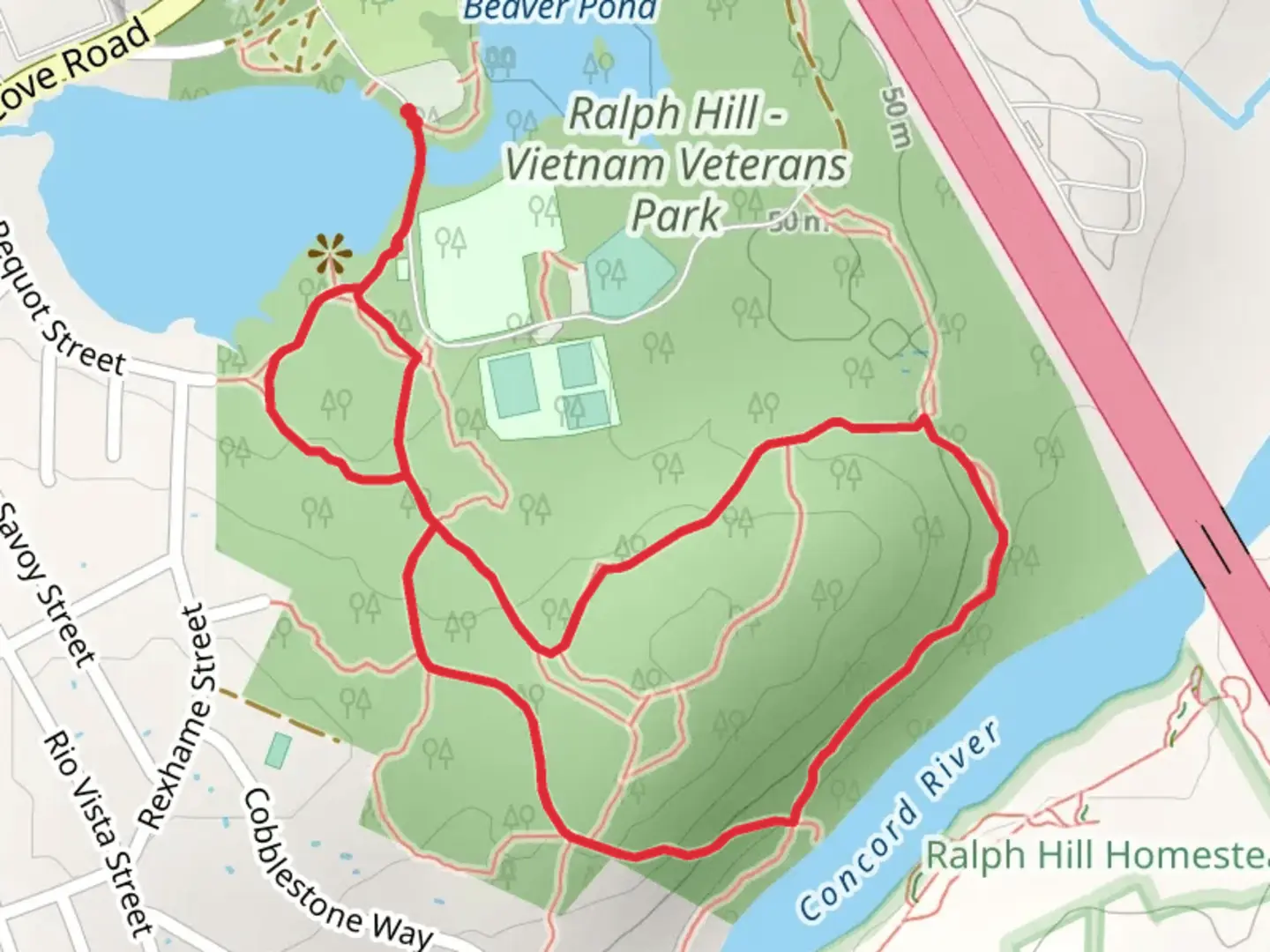 An image depicting the trail Ralph Hill - Vietnam Veterans Park Loop and its surrounding area.