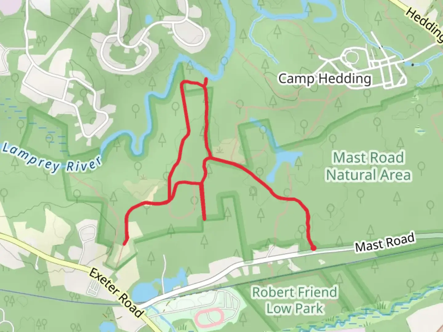 An image depicting the trail Black Gum Trail and Lamprey River Trail Loop and its surrounding area.