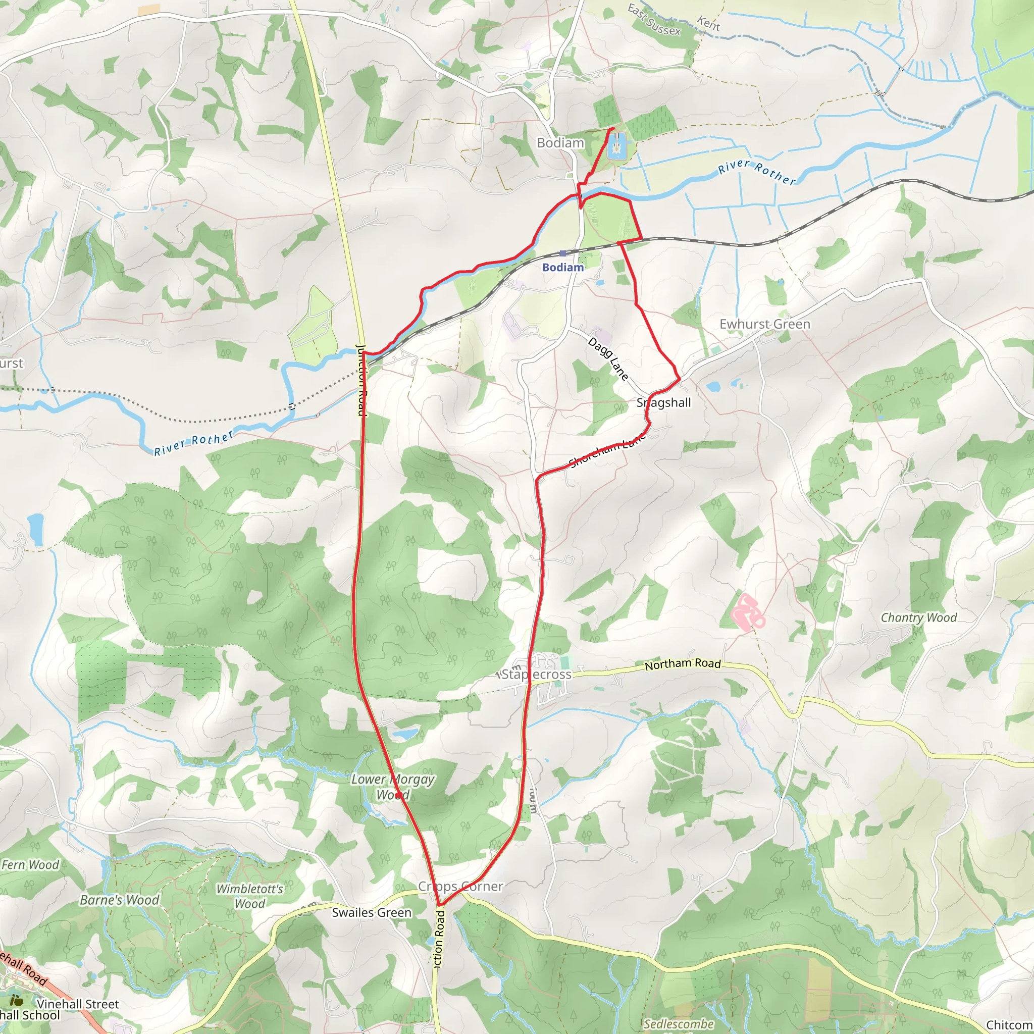Lower Morgay Wood and Bodiam Castle Moat Loop mobile static map