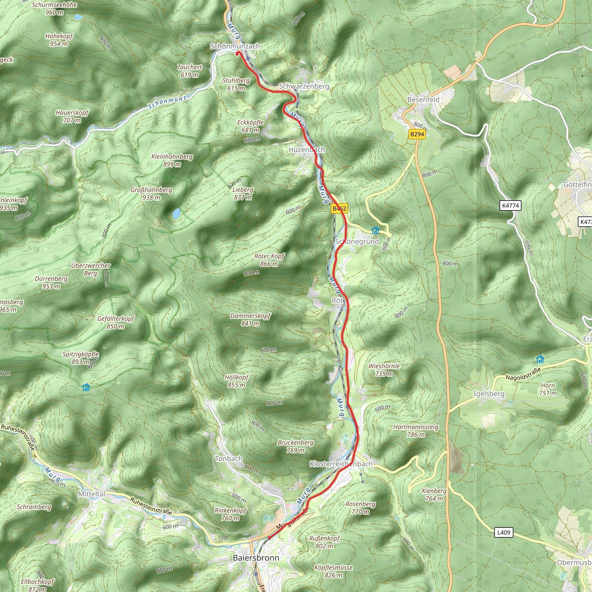 Schönmünzach to Baiersbronn Schule Walk via River Murg mobile static map