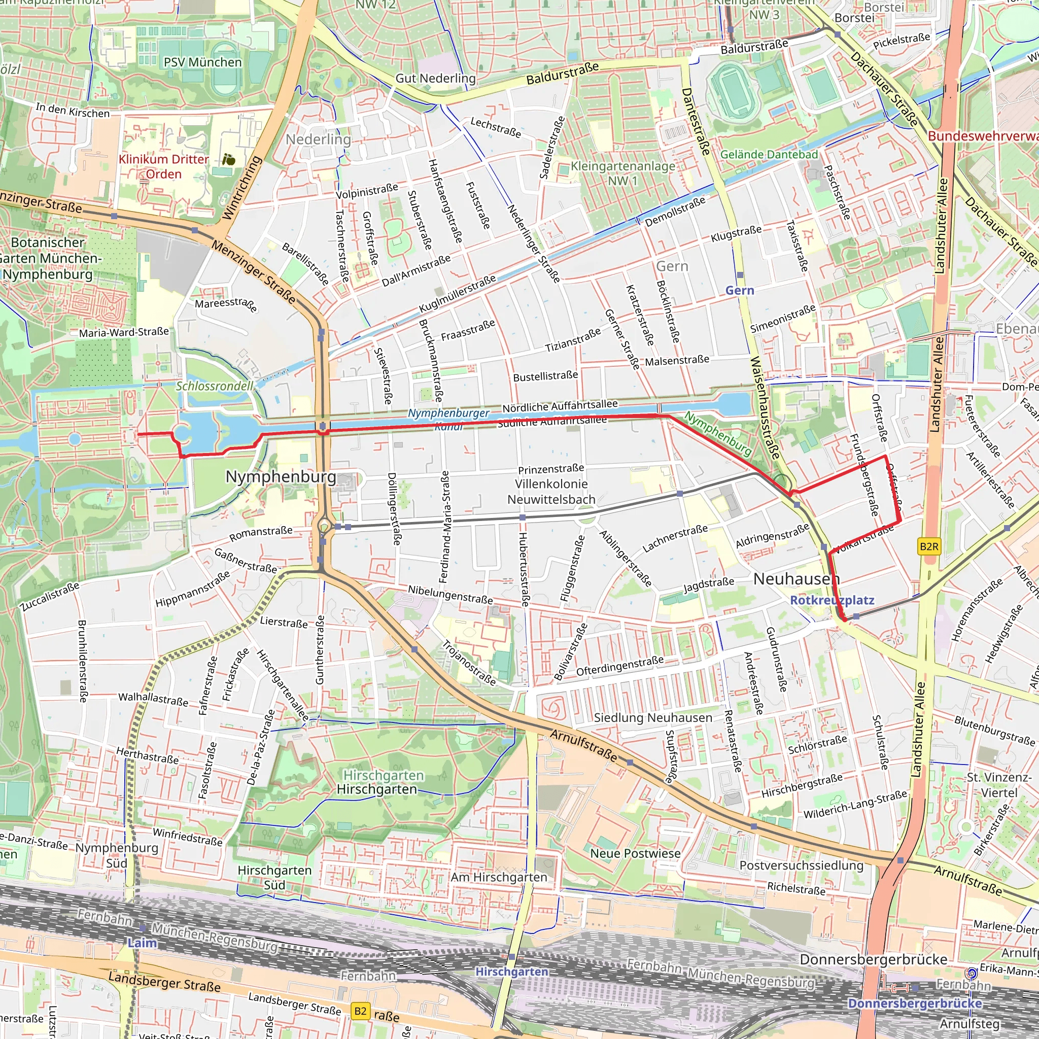 Nymphenburg Palace Walk from Rotkreuzplatz mobile static map