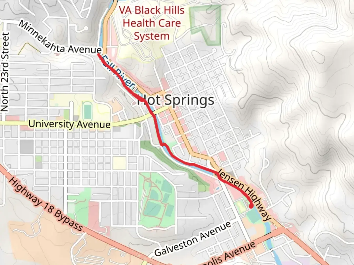 An image depicting the trail Freedom Trail and Hot Springs River Walk and its surrounding area.