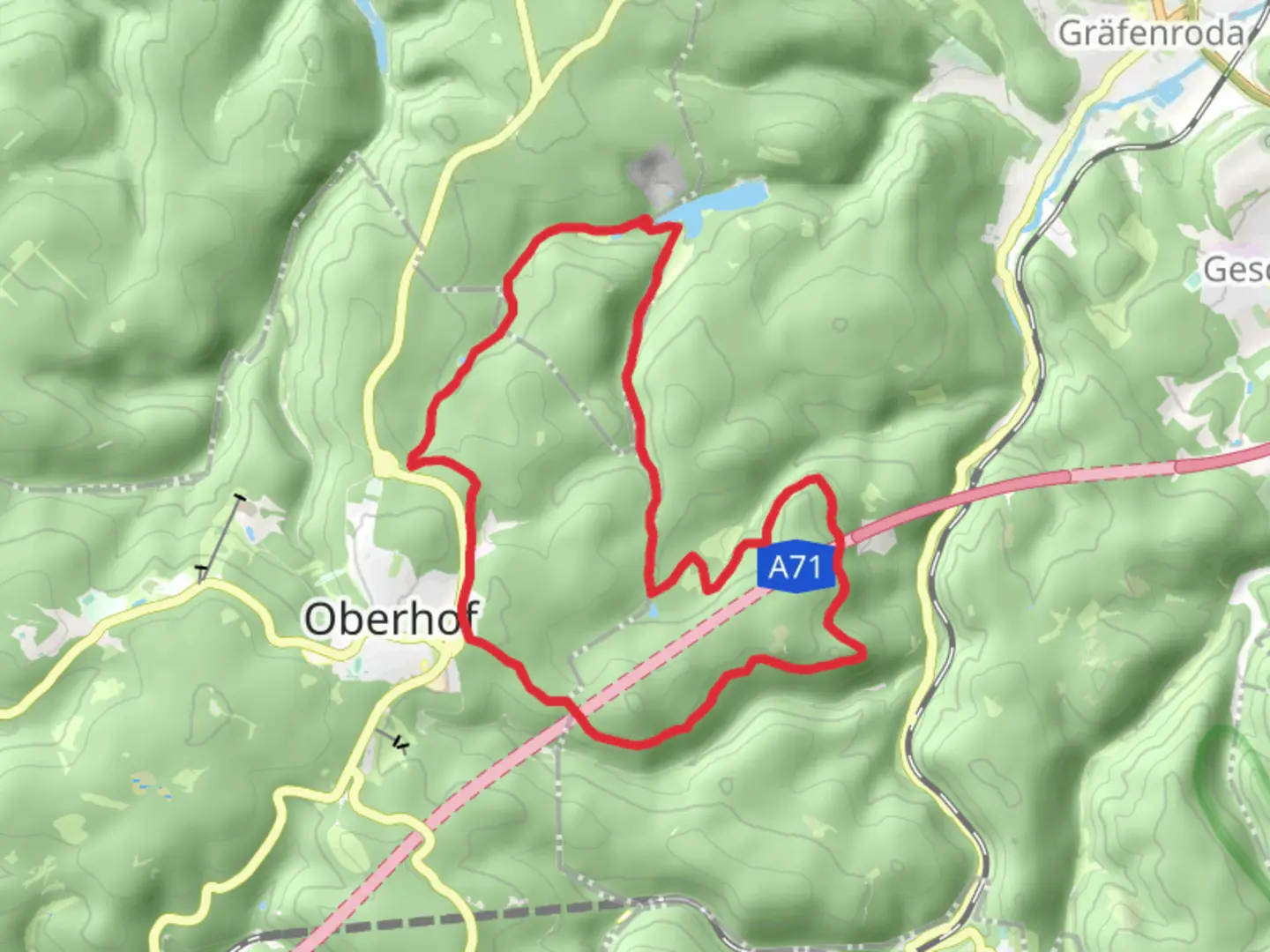 An image depicting the trail Oberhof Loop via Ausgebrannter Stein and its surrounding area.