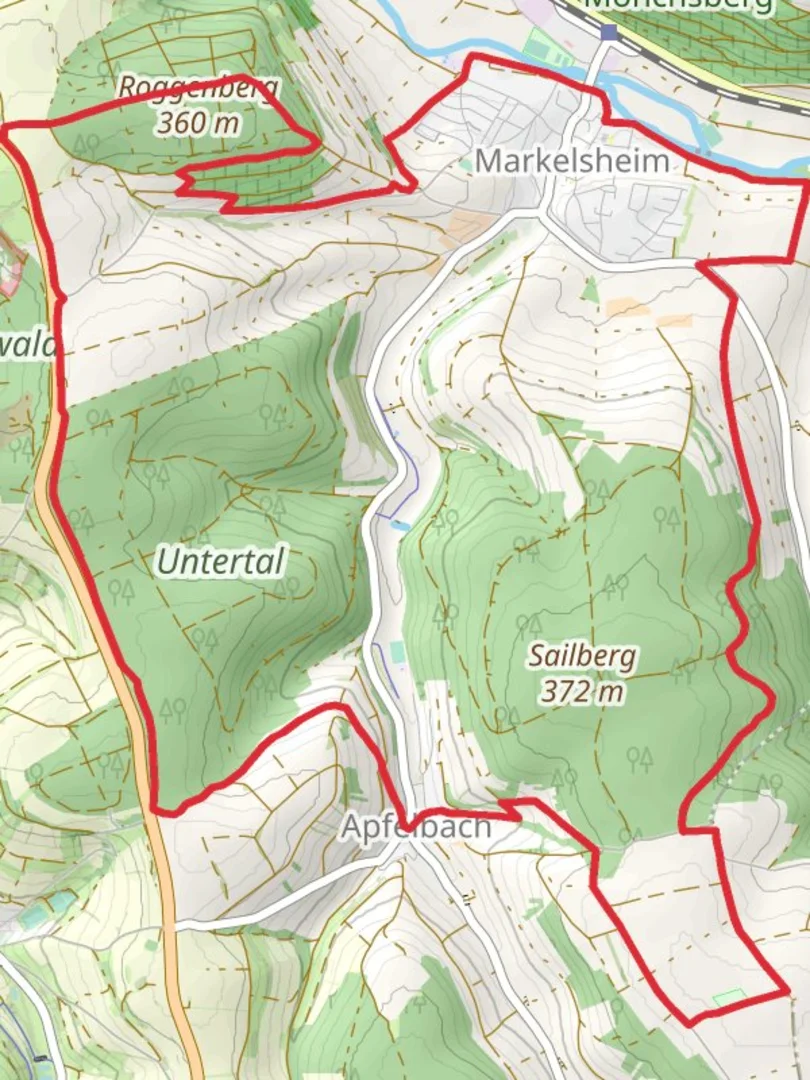 An image depicting the trail Markelsheim and Sailberg Loop and its surrounding area.