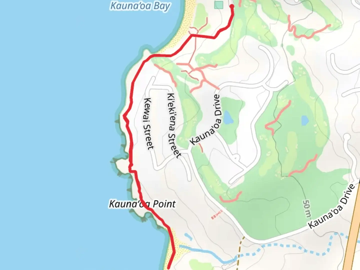 An image depicting the trail Ala Kahakai National Historic Trail and Mauna Kea Beach Drive and its surrounding area.