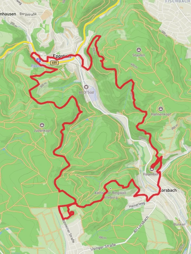 An image depicting the trail Eppstein Loop via Kaisertempel and its surrounding area.