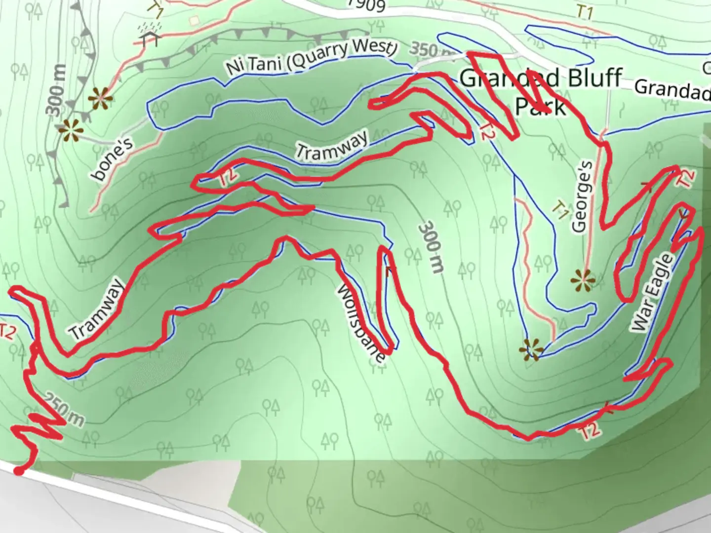 An image depicting the trail Wolfsbane, War Eagle and Tramway Loop and its surrounding area.