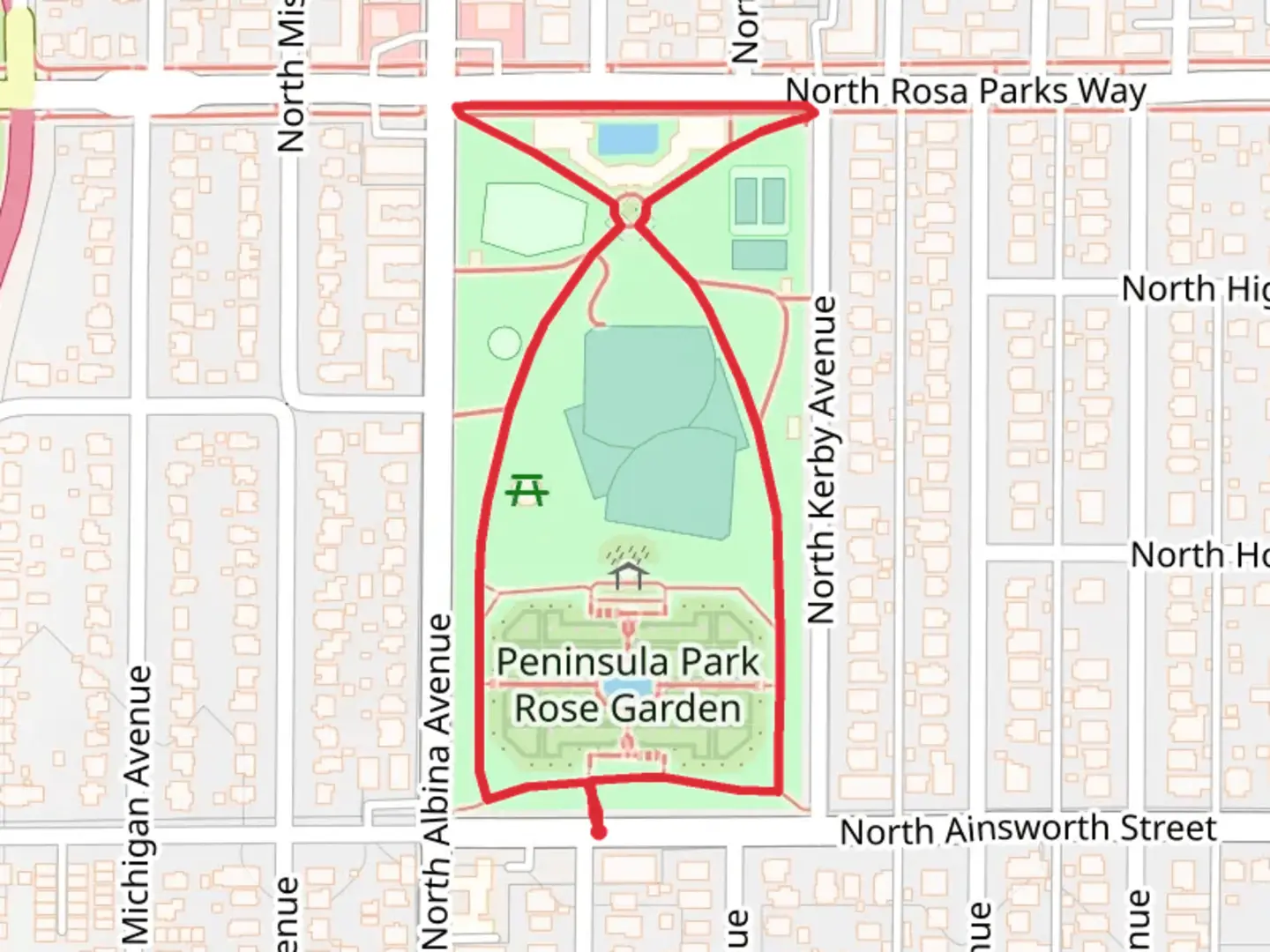 An image depicting the trail Peninsula Park Loop and its surrounding area.