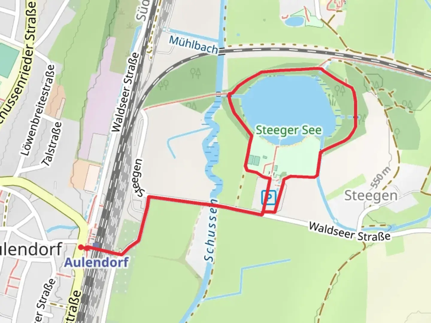 An image depicting the trail Steeger See Loop and its surrounding area.