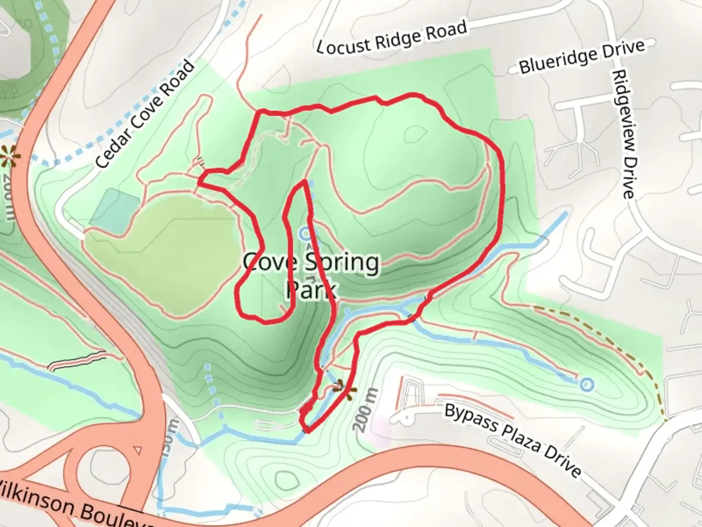 An image depicting the trail Upland, Holly and Osage Loop and its surrounding area.