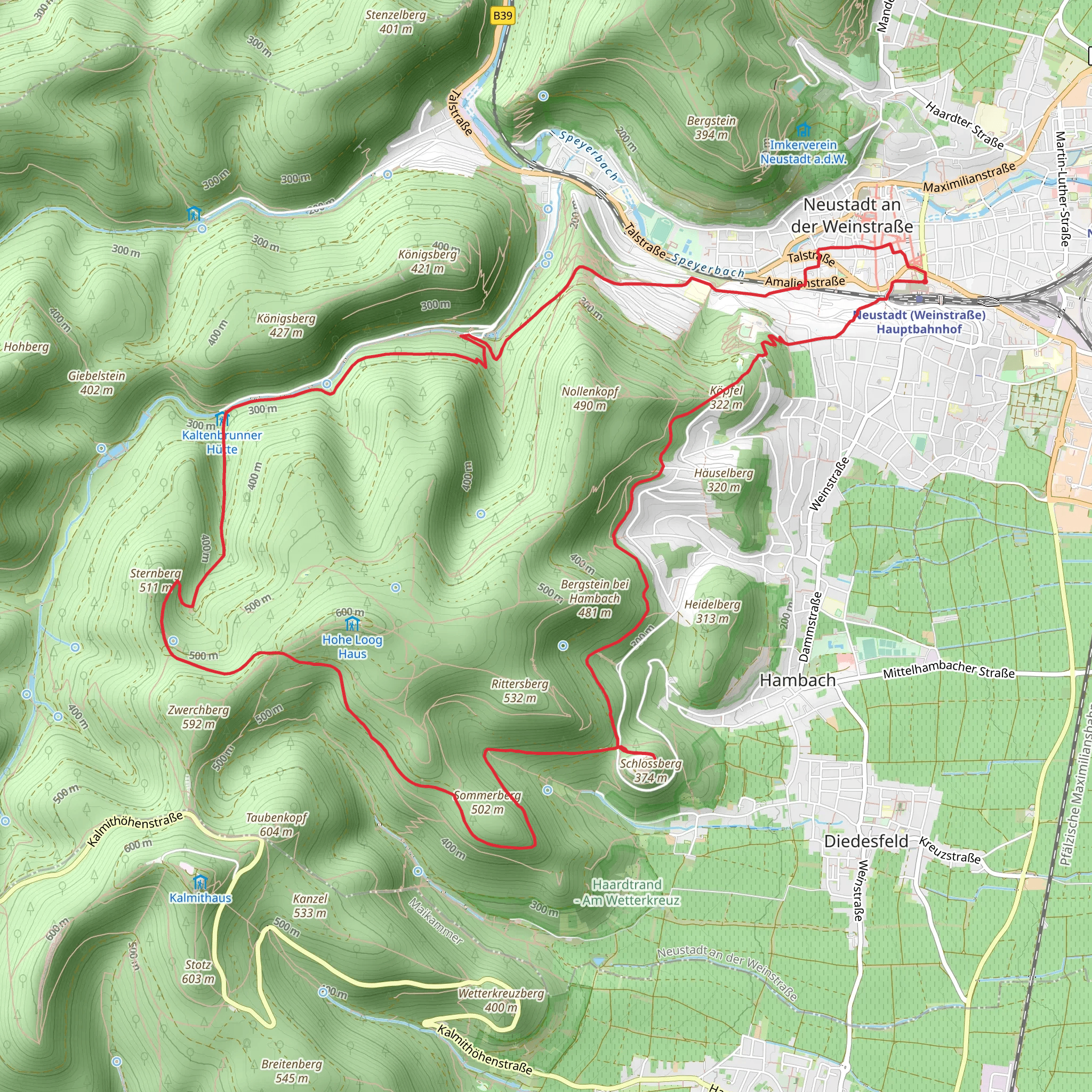 Neustadt Hauptbahnhof Loop via Hambacher Schloss mobile static map